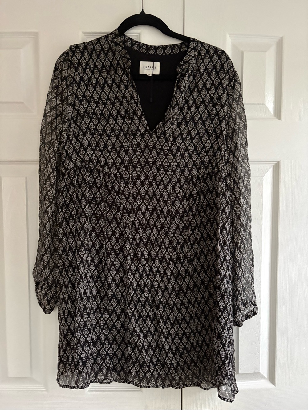 Sezane Black Patterned Long-Sleeve Tunic Dress